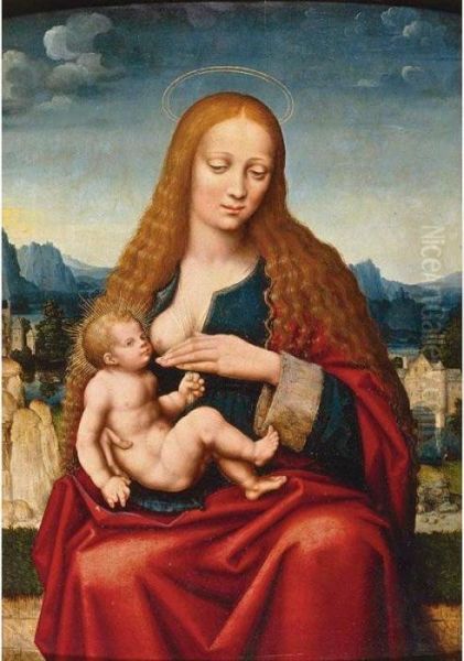 Madonna And Child In A Landscape Oil Painting by Marco d' Oggiono