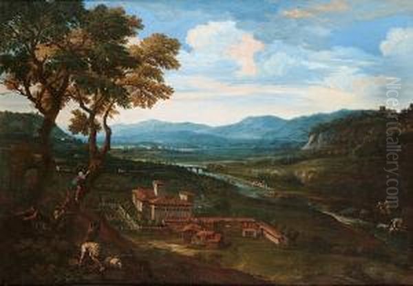 An Extensive Landscape With A Villa, Figures In Trees In The Foreground Oil Painting by Crescenzio Onofri