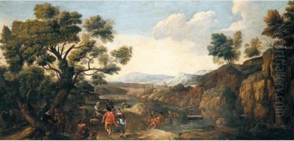 Italianate Landscape With Peasants Dancing Beside A River Oil Painting by Crescenzio Onofri