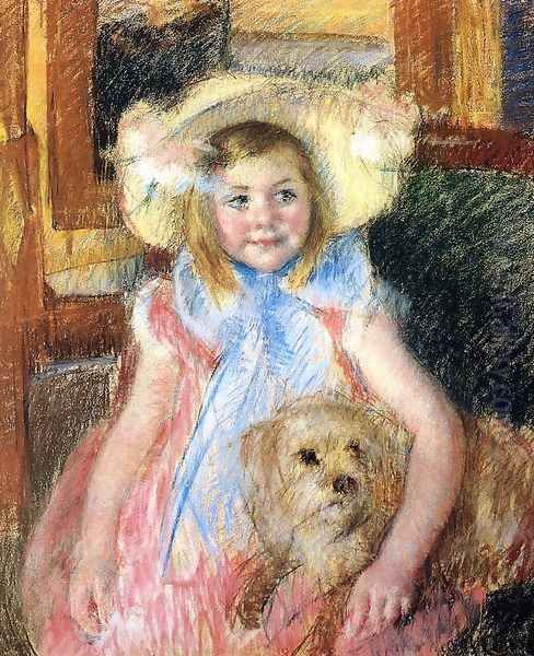 Sara In A Large Flowered Hat Looking Right Holding Her Dog Oil Painting by Mary Cassatt