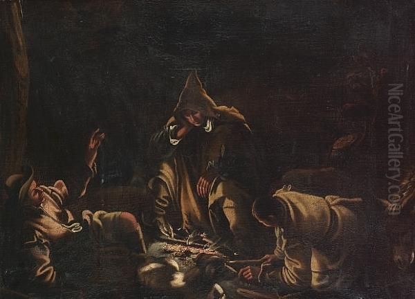 Travellers Seated Around A Campfire Oil Painting by Gerolamo Ponte Da Bassano