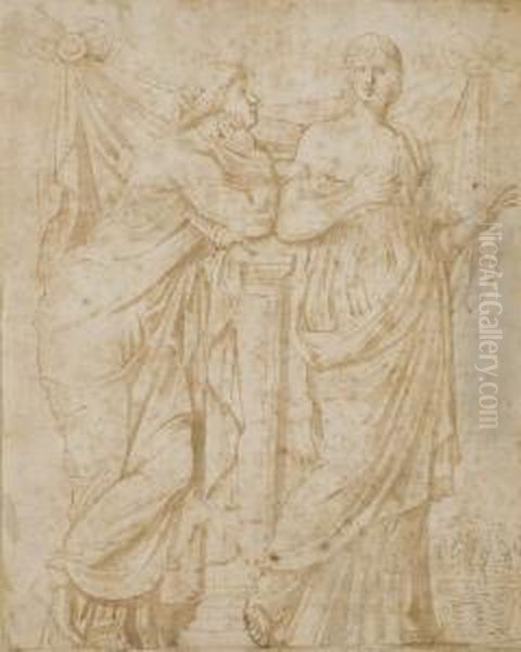 Deux Figures Feminines, D'apres Un Bas-relief Antique Oil Painting by Girolamo da Carpi