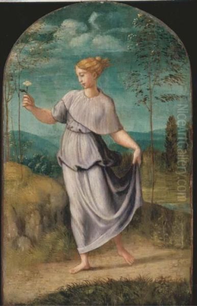 A Young Woman Holding A Flower With An Extensive Landscapebeyond Oil Painting by Girolamo da Carpi