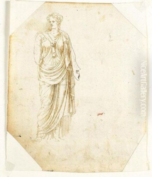 Due Studi Dall'antico: Studio 
Femminile (recto) E Disegno Per Soffitto A Grottesche (verso) Oil Painting by Girolamo da Carpi