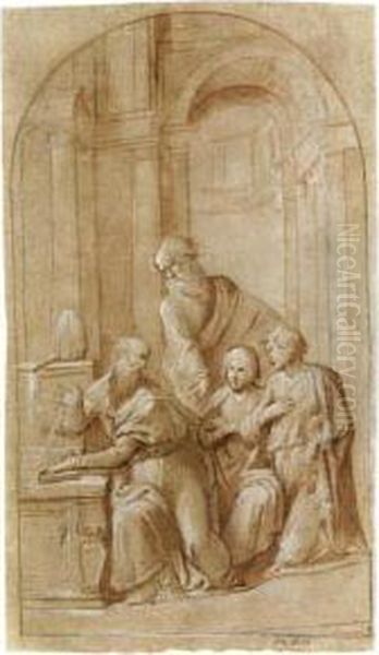 A Bishop Seated With His Left 
Hand On A Book, Two Young Men Kneeling Nearby And A Third Standing 
Behind, In An Architectural Setting Oil Painting by Garofalo