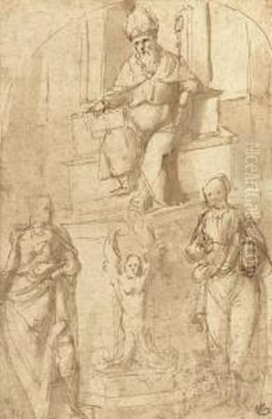 A Bishop Seated On A Throne, With Two Standing Figures Oil Painting by Garofalo