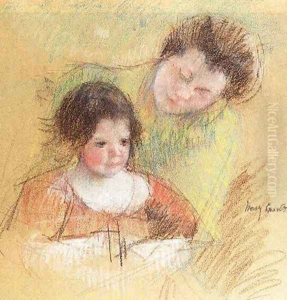 Reine Leaning Over Margots Shoulder Oil Painting by Mary Cassatt