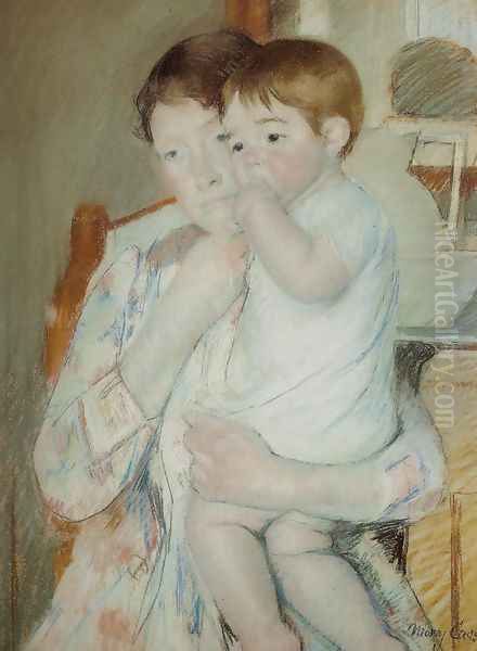 Mother and Child Against a Green Background or Maternity Oil Painting by Mary Cassatt