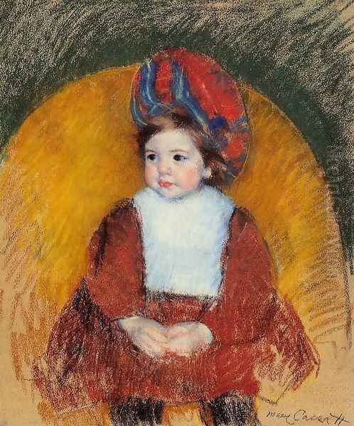 Margot In A Dark Red Costume Seated On A Round Backed Chair Oil Painting by Mary Cassatt