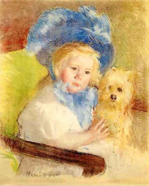 Simone In A Large Plumed Hat Seated Holding A Griffon Dog Oil Painting by Mary Cassatt