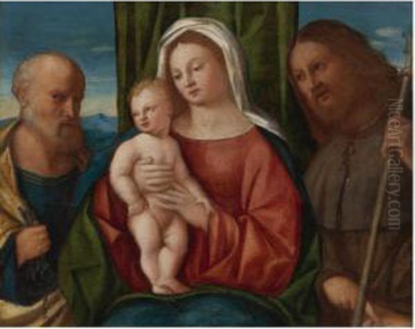 Madonna And Child With Saints Peter And Roche Oil Painting by Girolamo da Santacroce