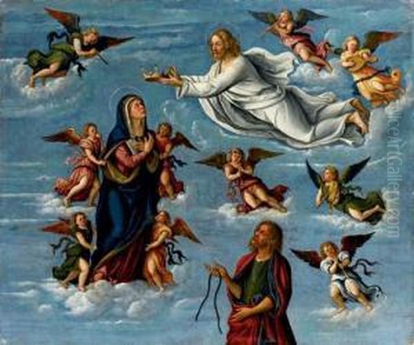 Vergine Assunta In Cielo Tra 
Angeli Musicanti Con Cristo Che La Incorona, E San Tommaso Che Riceve La
 Sacra Cintola Oil Painting by Girolamo da Santacroce