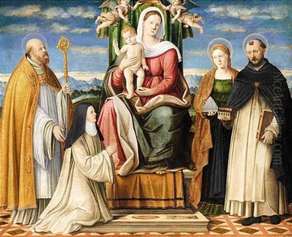 Holy Family Enthroned With Saints Dominic Oil Painting by Girolamo da Santacroce