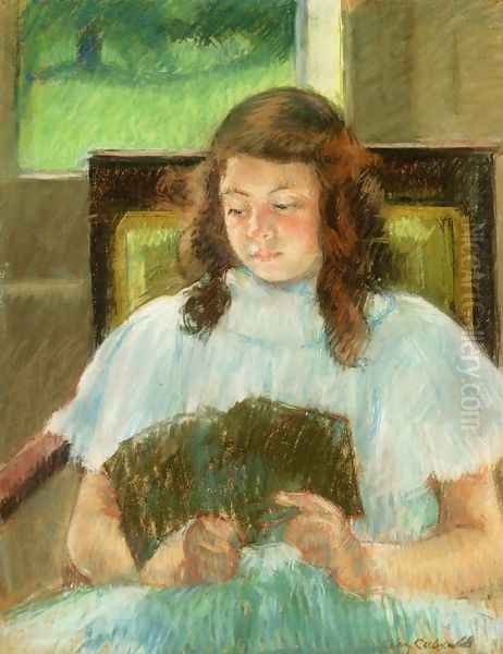 Francoise In A Square Backed Chair Read Aka Young Girl Reading Young Girl In A Blue Dress Oil Painting by Mary Cassatt