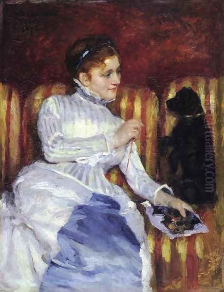 Woman On A Striped With A Dog Aka Young Woman On A Striped Sofa With Her Dog Oil Painting by Mary Cassatt