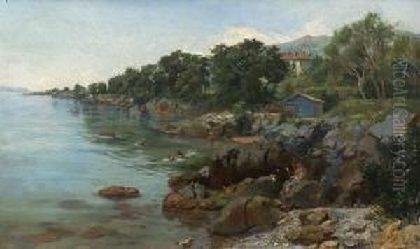 Badende An Felsiger Kuste
 (maremma). Oil Painting by Serafino Da Tivoli