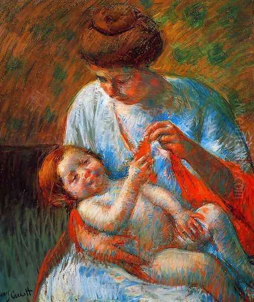 Baby Lying on His Mother's Lap, Reaching to Hold a Scarf Oil Painting by Mary Cassatt