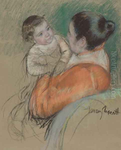 Mother Louise Holding up her Blue-Eyed Child Oil Painting by Mary Cassatt