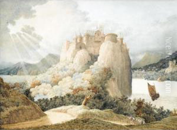 Castle On A Cliff Overlooking A Lake Oil Painting by Richard Dadd