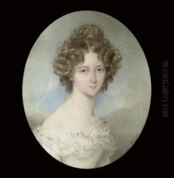 A Young Lady Called Countess 
Leopoldine Apponyi, In White Dress With Double Ruffle, A Plait In Her 
Curling Hair; Sky Background Oil Painting by Moritz Michael Daffinger