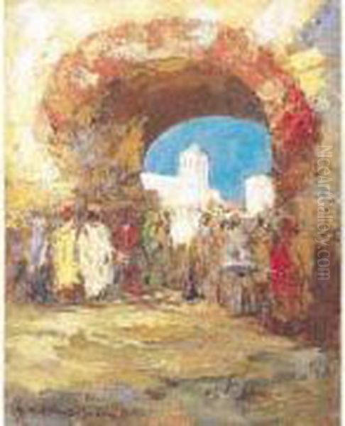 Marche Devant La Porte De Tanger. Oil Painting by Charles Henri Gaston Dagnac-Riviere