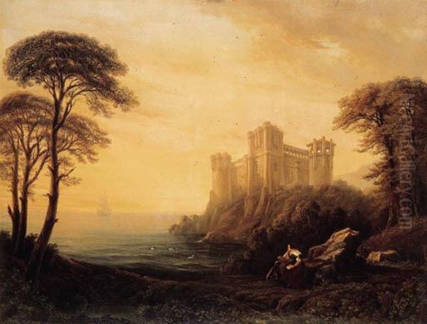 A Coastal Landscape With A Woman And Dog Before A Castle, A Shipbeyond Oil Painting by Isidore Dagnan