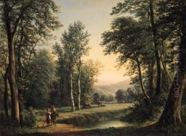 Travellers On A Wooded Track With Cattle Resting Beyond Oil Painting by Isidore Dagnan