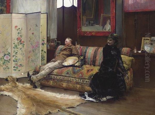 Bouderie (gustave Courtois In His Studio) Oil Painting by Pascal-Adolphe-Jean Dagnan-Bouveret