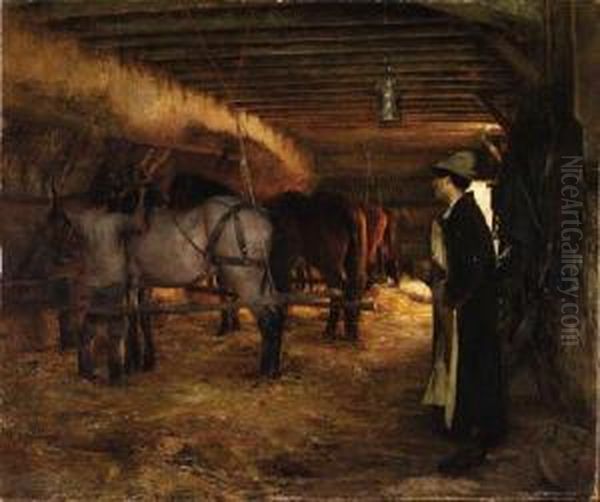 In The Stable Oil Painting by Pascal-Adolphe-Jean Dagnan-Bouveret