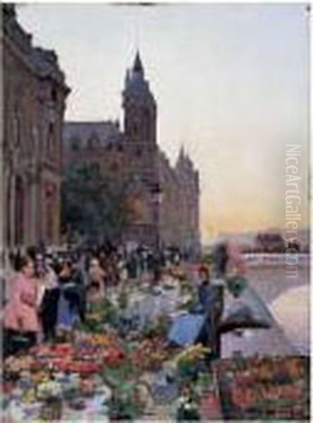 Le Marche Aux Fleurs, Paris Oil Painting by Albert Marie Adolphe Dagnaux