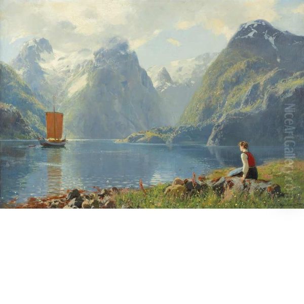 Girl Looking Out At A Fjord Oil Painting by Hans Dahl