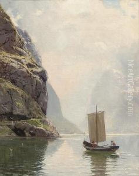 Rowing On A Fjord Oil Painting by Hans Dahl