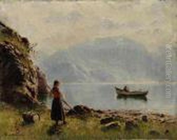 Young Girl By Norwegian Fjord Oil Painting by Hans Dahl