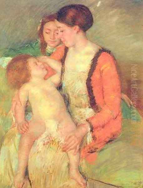 Young Mother Daughter and Baby Oil Painting by Mary Cassatt