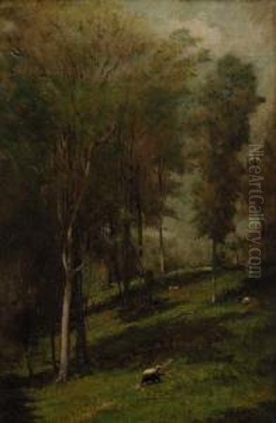 Sheep Grazing In Woodland Oil Painting by Elliott Daingerfield