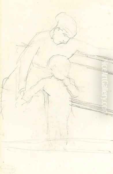 Sketch of Nurse Seated on a Bench, Baby Standing Beside Her Oil Painting by Mary Cassatt