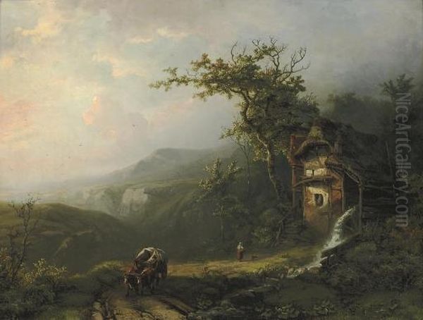 A Watermill Above An Extensive Valley Oil Painting by Alexander Joseph Daiwaille