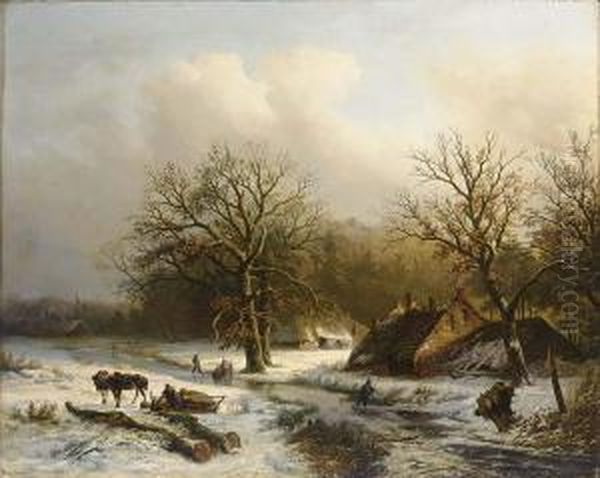 Dutch Figures In A Winter Landscape A Town In The Distance Oil Painting by Alexander Joseph Daiwaille