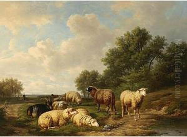 Sheep Resting In A Summer Landscape Oil Painting by Alexander Joseph Daiwaille