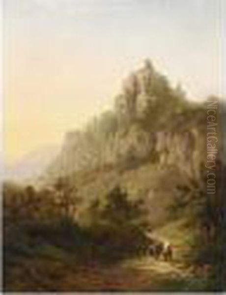 Travellers In A Mountainous Landscape Oil Painting by Alexander Joseph Daiwaille