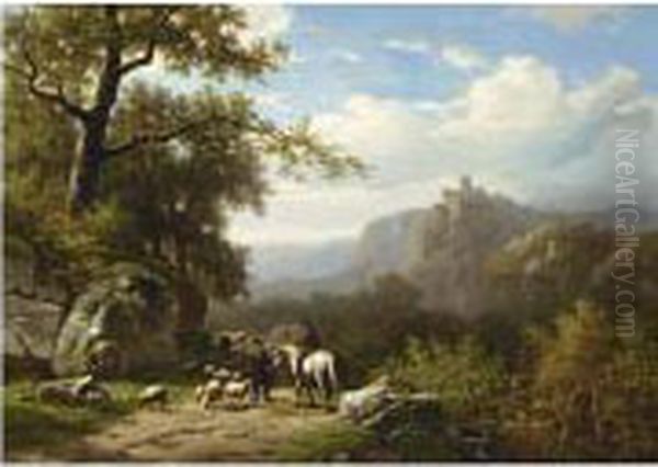 A Wooded Summer Landscape With A Shepherd And A Traveller On Horseback Oil Painting by Alexander Joseph Daiwaille