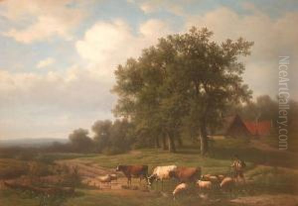 Cows And Sheep Watering By A River Oil Painting by Alexander Joseph Daiwaille