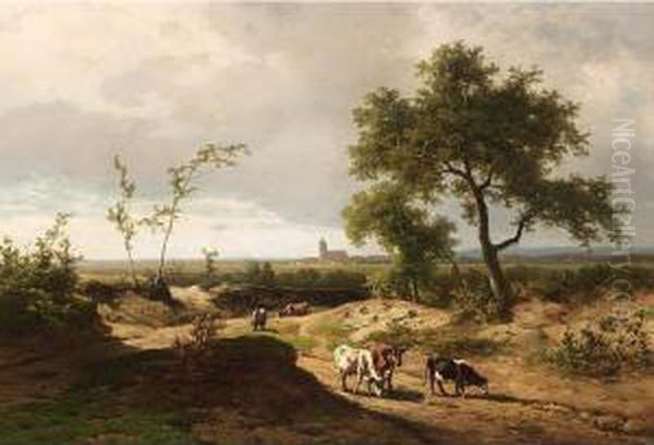 A Summer Landscape With Cows In A Hilly Landscape Oil Painting by Alexander Joseph Daiwaille