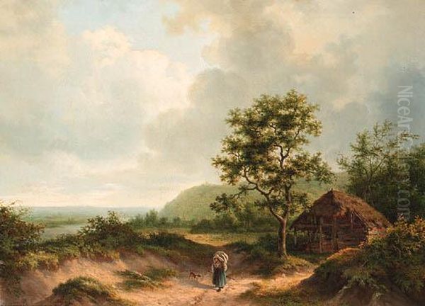 A Wooded River Landscape Oil Painting by Alexander Joseph Daiwaille