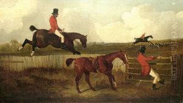 Hunting Scene With A Lame Horse 
And Rider Pursing On Foot And A Rider Taking A Fall At The Ditch Oil Painting by John Dalby Of York