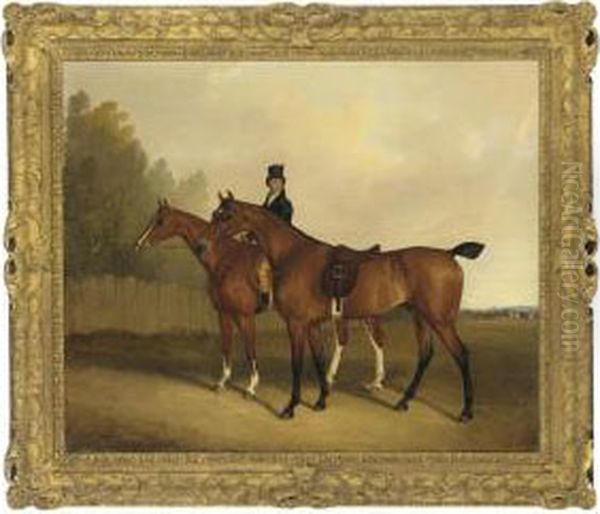 A Groom With Two Hunters Oil Painting by David of York Dalby