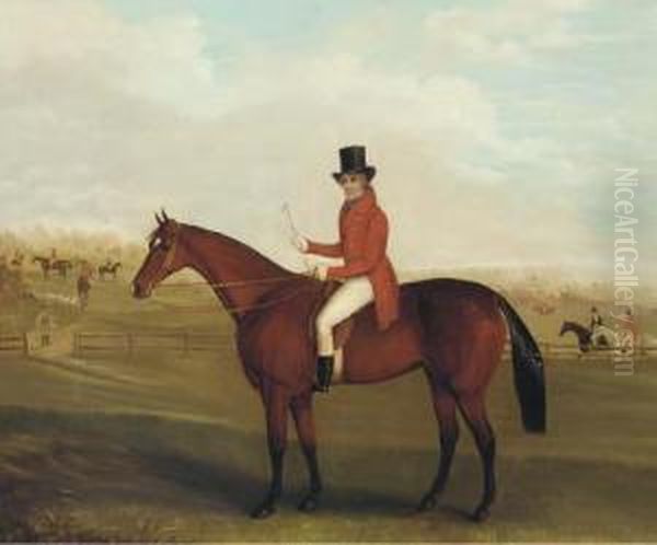 Portrait Of A Gentleman, Said To Be John Mytton, On A Bay Hunterwith A Hunt Beyond Oil Painting by David of York Dalby