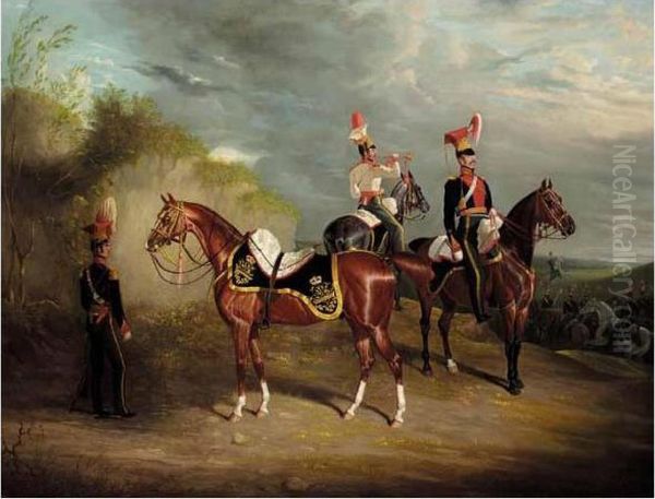 Portrait Of Captain Percy 
Burrell Williams Of The 9th Light Dragoons Lancers, With His Charger Oil Painting by David of York Dalby