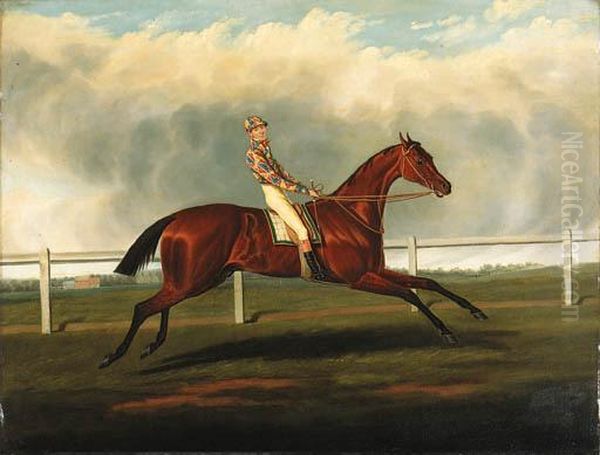 A Bay Racehorse With Jockey Up In The Colours Of Mr Richard Watt,on A Racecourse Oil Painting by David of York Dalby