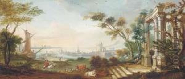 A Capriccio Of Classical Ruins Before A Dutch Riverside Town Oil Painting by Dirk Dalens I